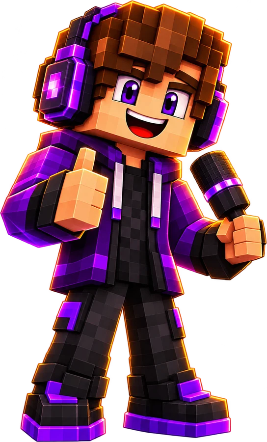 Streamer de corpo inteiro com headset roxo e microfone